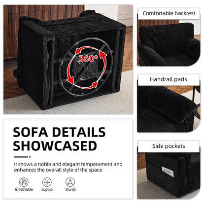 FFH 33" Oversized Swivel Accent Chair,Armchair with Side Pocket,Upholstered Corduroy Lounge Chaise Chair,Barrel Chairs,Comfy Single Sofa Chair for Living Room Reading Bedroom Office,Black