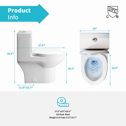 Puremind One-Piece Elongated Ceramic Toilet,4/6 Dual Flush 1.28 Gpf, White (27.6''Dx15''Wx29.5''H)