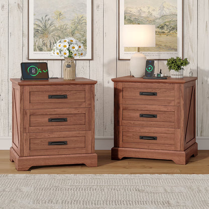 Farmhouse Nightstand Set of 2, 22 inch Side Table with Charging Station for Bedroom, 2PCS, White