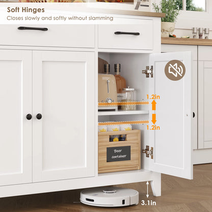 Hiphuta 55"Wide Buffet Cabinet with 2 Adjustable Shelves, Modern Farmhouse Coffee Bar with 3 Drawers and Sturdy Base for Living Room, White