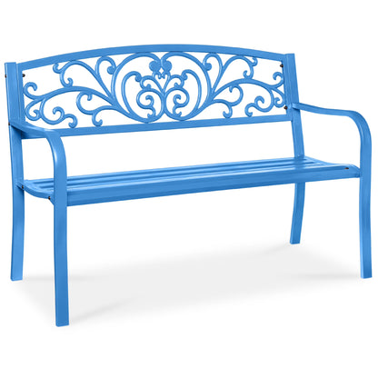 Best Choice Products Outdoor Steel Bench Garden Patio Porch Furniture w/ Floral Design Backrest - Black