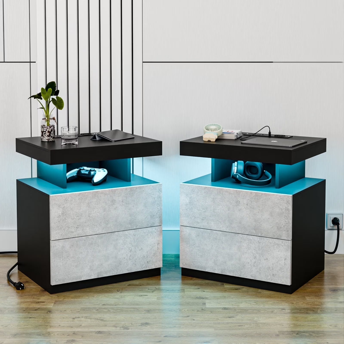 Hommpa LED Nightstand with Wireless Charging Station Modern Nightstand Type C USB Port 2 Drawers Bedside Table Black Smart Night Table High Gloss End Side Table for Bedroom Furniture 22.3" Tall