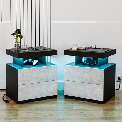 Hommpa LED Nightstand with Wireless Charging Station Modern Nightstand Type C USB Port 2 Drawers Bedside Table Black Smart Night Table High Gloss End Side Table for Bedroom Furniture 22.3" Tall
