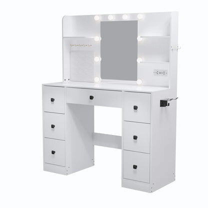 Cottinch Vanity Desk 3 Color Lighted Mirror,Makeup Dressing Table with 4 Drawers and Storage Shelves,2 Outlets,2 USB Ports,White