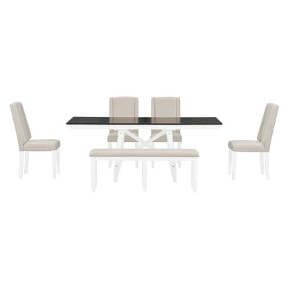 6 Piece Extendable Dining Table Set, Atumon Wood Dining Room Set for 6, Dining Table Set with 4 Beige Cushioned Chairs and Bench, Farmhouse Dining Table Set Furniture for Kitchen Dining Room, Natural