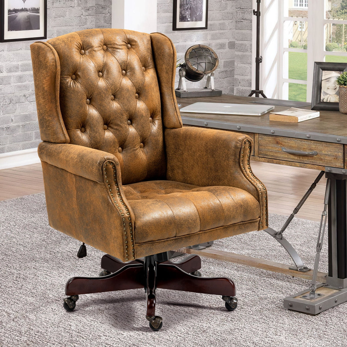 Homhum Classic Boss Office Chair, High Back Faux Leather Swivel Desk Chair, Adult, Brown