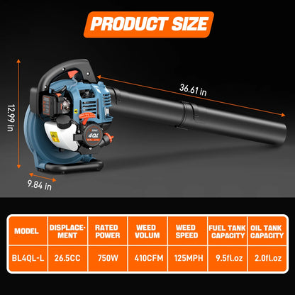 SENIX 4QL 26.5cc 4-Cycle Gas Powered Leaf Blower, 410 CFM/125 MPH, Dual-Grip Handle, Lightweight, BL4QL-L