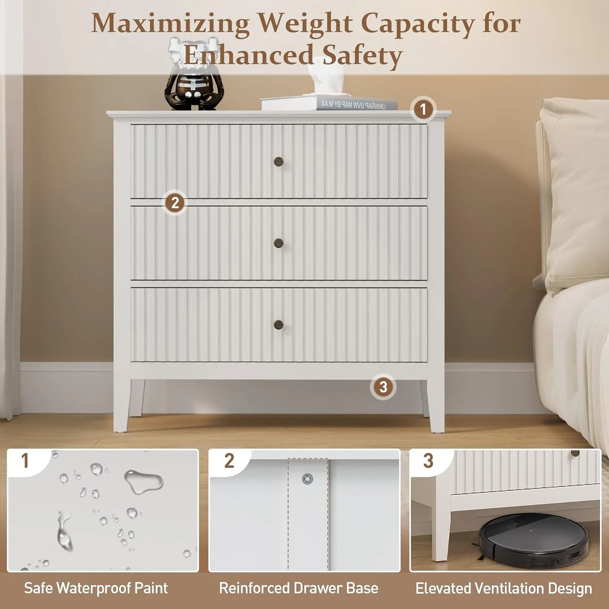 Heynemo Beige 6 Drawer Dresser, Fluted Modern Wood Chest