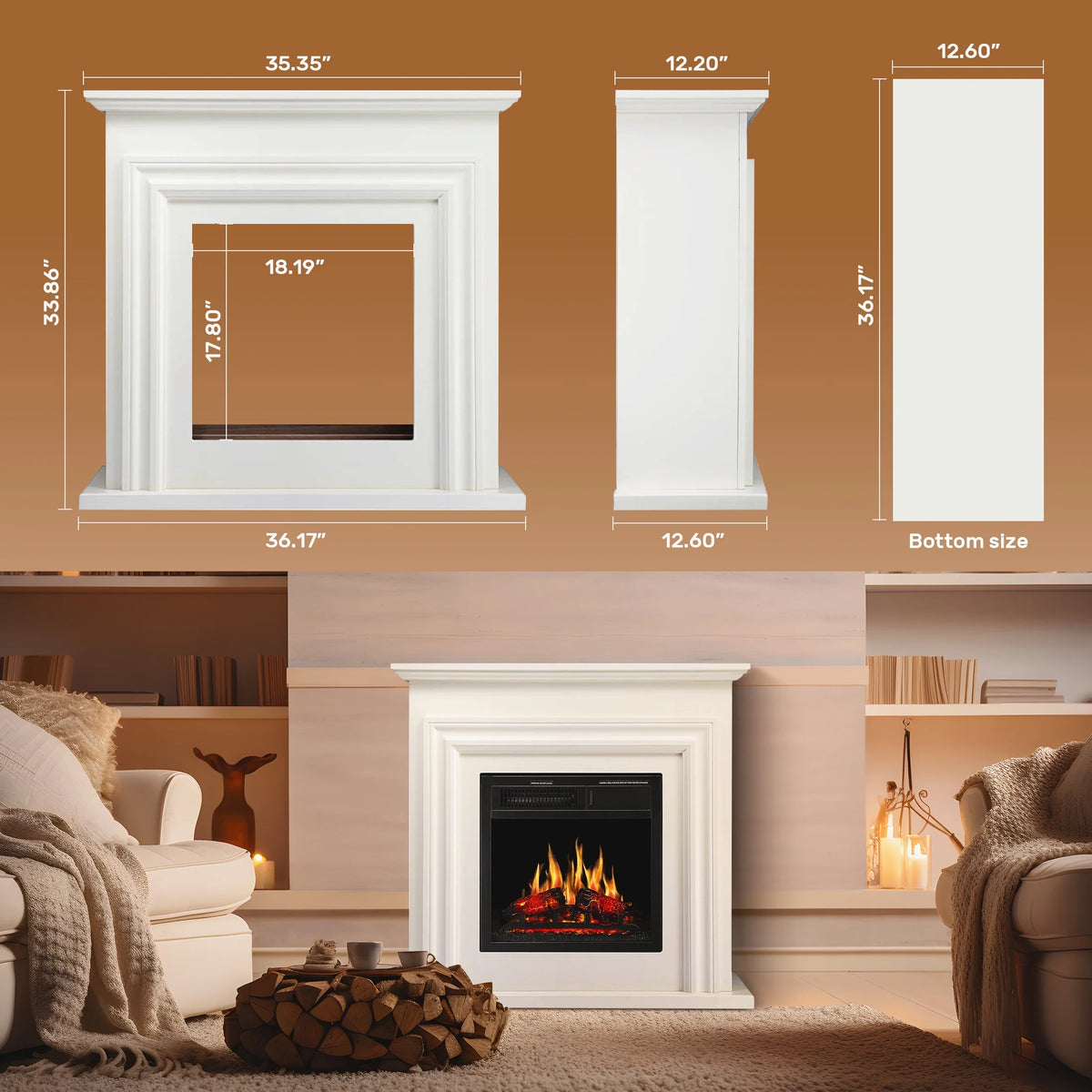 KISSAIR Electric Fireplace Mantel Wooden Surround Firebox, Free Standing Fireplace, with Remote Control, Adjustable LED Flame, 750W/1500W -White