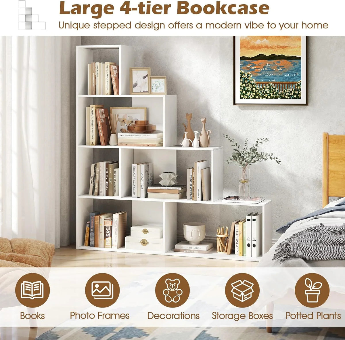 JTYUB 4-Tier Stepped Bookshelf, Freestanding 6 Cubes Ladder Bookcase with Anti-Tipping Kits, 64" Tall Modern Wooden Storage Display Rack for Home Office Living Room Study ,1 PCS,Natural