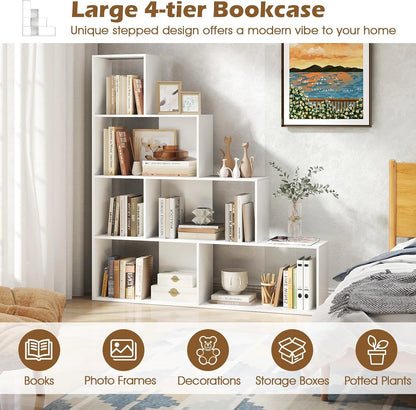 JTYUB 4-Tier Stepped Bookshelf, Freestanding 6 Cubes Ladder Bookcase with Anti-Tipping Kits, 64" Tall Modern Wooden Storage Display Rack for Home Office Living Room Study ,1 PCS,Natural