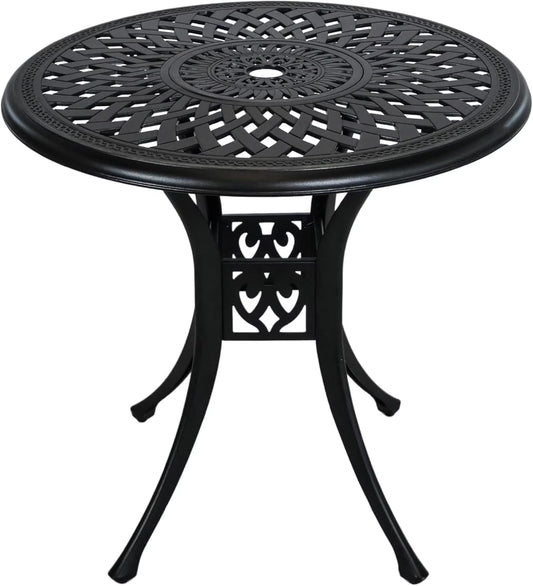 30.3 Inch Round Patio Table Cast Aluminum Patio Table,Metal Patio Dining Table with Umbrella Hole,All Weather Outdoor Bistro Dining Table for Backyard, Garden, Balcony, Black