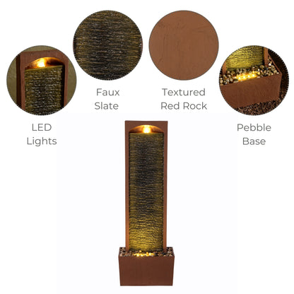 Teamson Home 38.5" Faux Slate Contemporary Outdoor LED Waterfall Fountain with Pebble Base, Red Rock