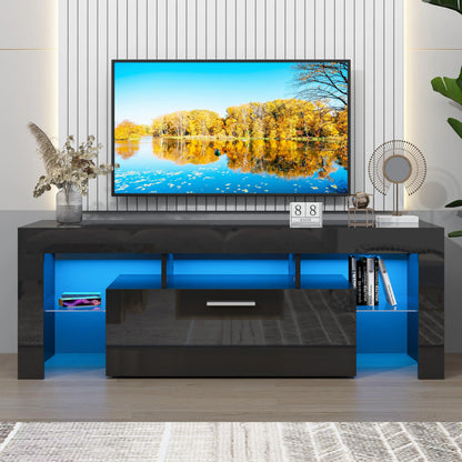 UHOMEPRO TV Stand for TV up to 70", Living Room Entertainment Center with RGB LED Lights and Storage Shelves Furniture, White High Gloss TV Cabinet Console Table