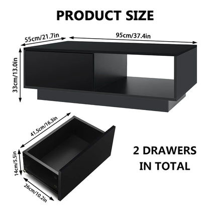 Hommpa LED Coffee Table Modern Side Tables High Gloss Black Cocktail Table with 2 Drawers Open Shelf for Living Room