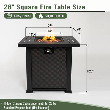 28" Fire Pit Table, Propane Fire Pit with Lid, Lava Rocks, 50000 BTU Outdoor Gas Fire Pit, Metal Square Propane Fire Pit for Outside Garden Backyard Deck Patio, Brown, LLL4008