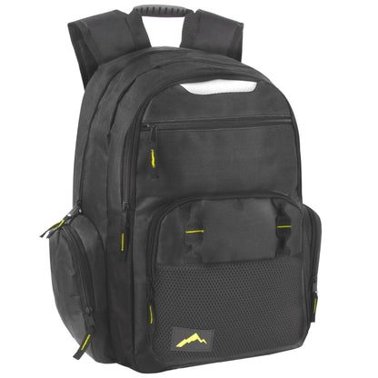 24 Pack of Bulk Wholesale Heavy Duty, Reflective, Dual Compartment, Multi-Pocket, Laptop Backpacks for Work, School, College, Classrooms, Charity and Homeless Donation in Male Colors Pack