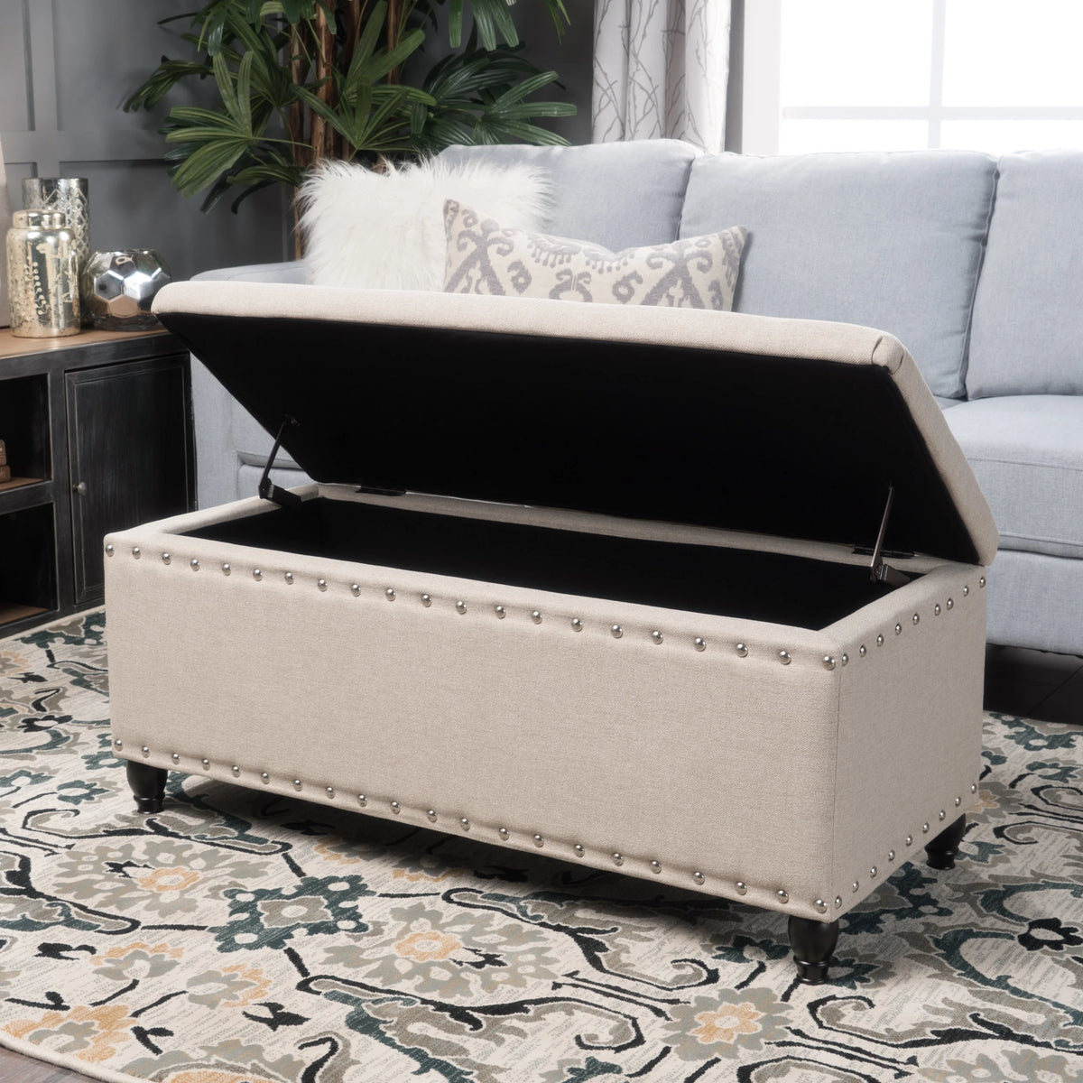 Noble House Hampton Contemporary Fabric Upholstered Storage Ottoman, White and Blue Floral