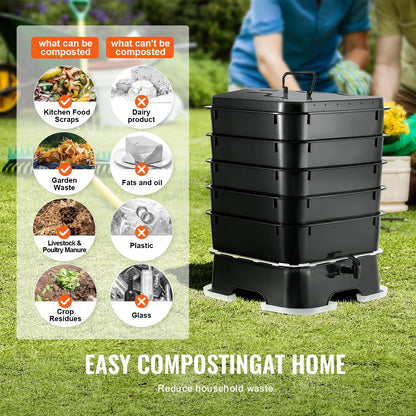 KFFKFF 5-Tier Worm Recycler, 50 L Indoor and Outdoor Worm Composting Container, Eco-Friendly Worm Cultivation Set, for Repurposing Kitchen Scraps, Worm Excreta, Worm Liquid