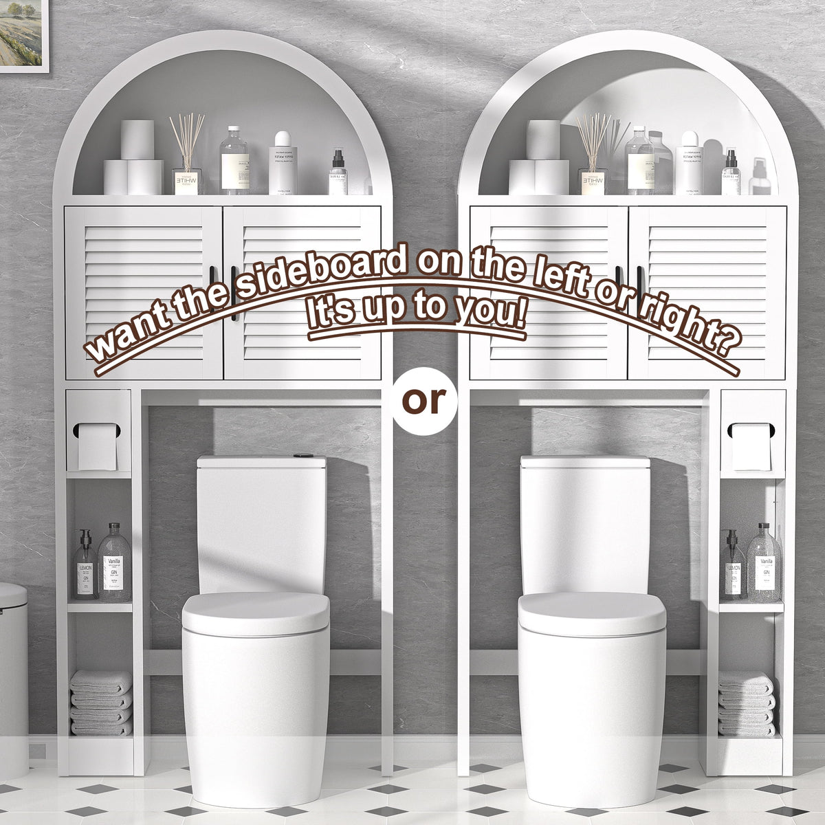 HARIPUL Over The Toilet Storage Cabinet w/ Unique Wood Grain & Arc Design, Freestanding Bathroom Shelf Organizer Space Saver w/ Doors & Anti-Tip Device, Wood Color