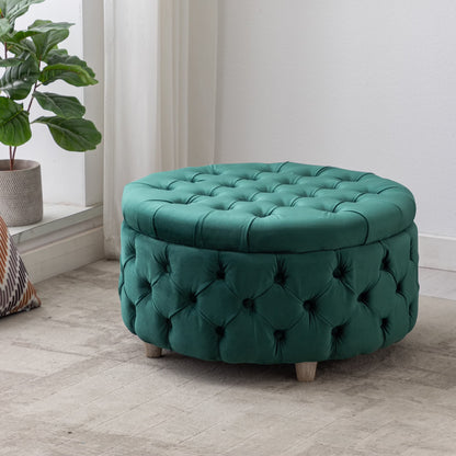 WestinTrends Wordford Round Velvet Tufted Storage Ottoman, Velvet Navy Blue
