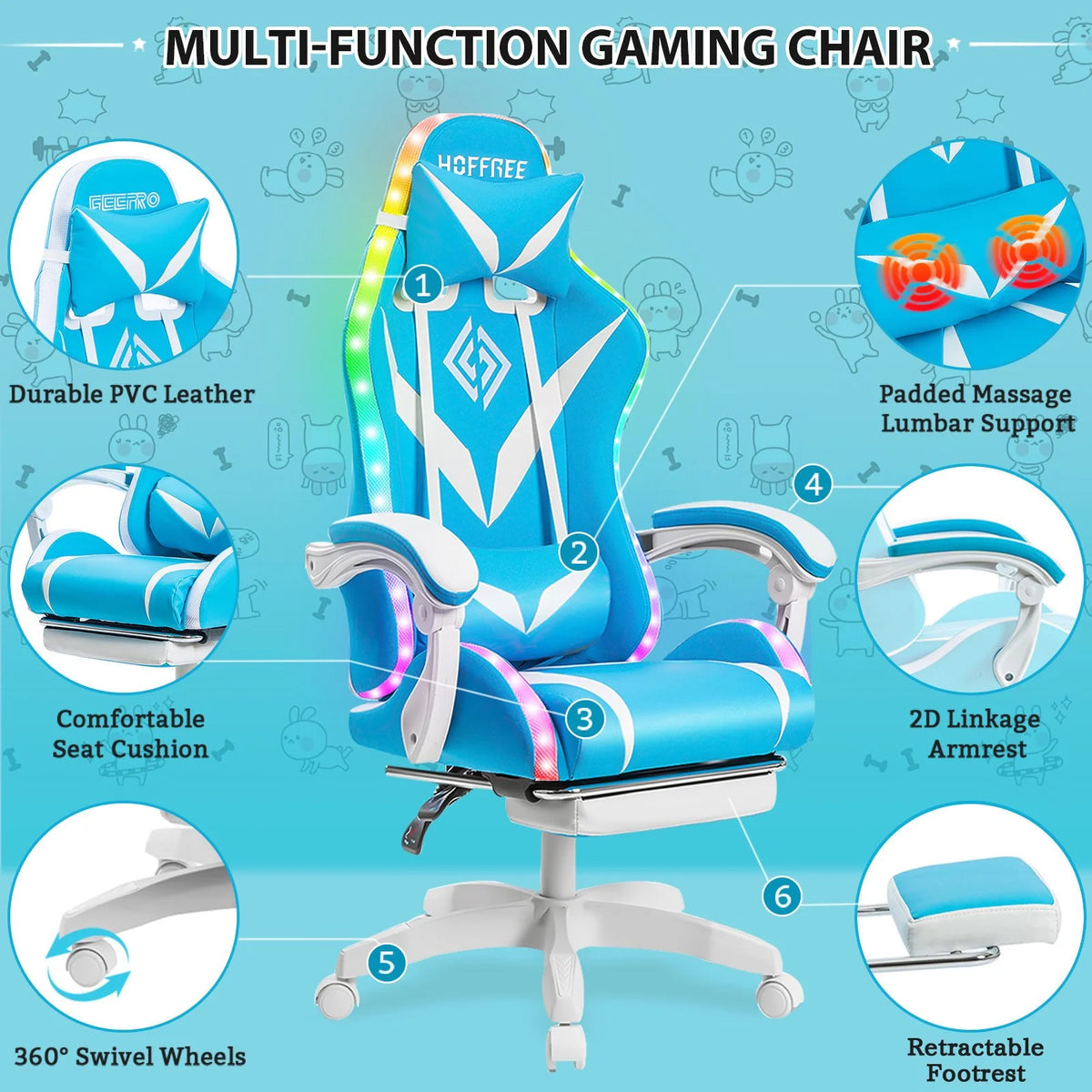 Hoffree Gaming Chair with Speakers PU Leather Office Chair with Footrest and LED Lights Ergonomic Gamer Chair with Massage Lumbar Support and Headrest Adjustable Swivel for Home Office 300lb