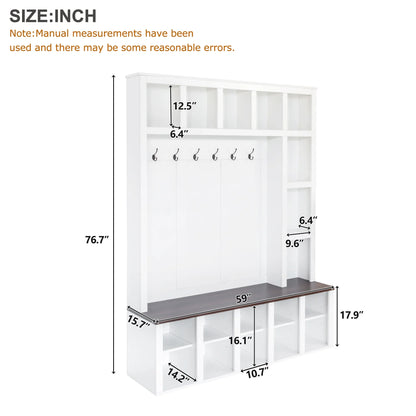 Euroco Farmhouse Wooden Style Hall Tree with 6 Hooks, Walnut Storage Bench, Adjustable Shelves, and 4-in-1 Entryway Shoe Cabinet with 13 Cubbies