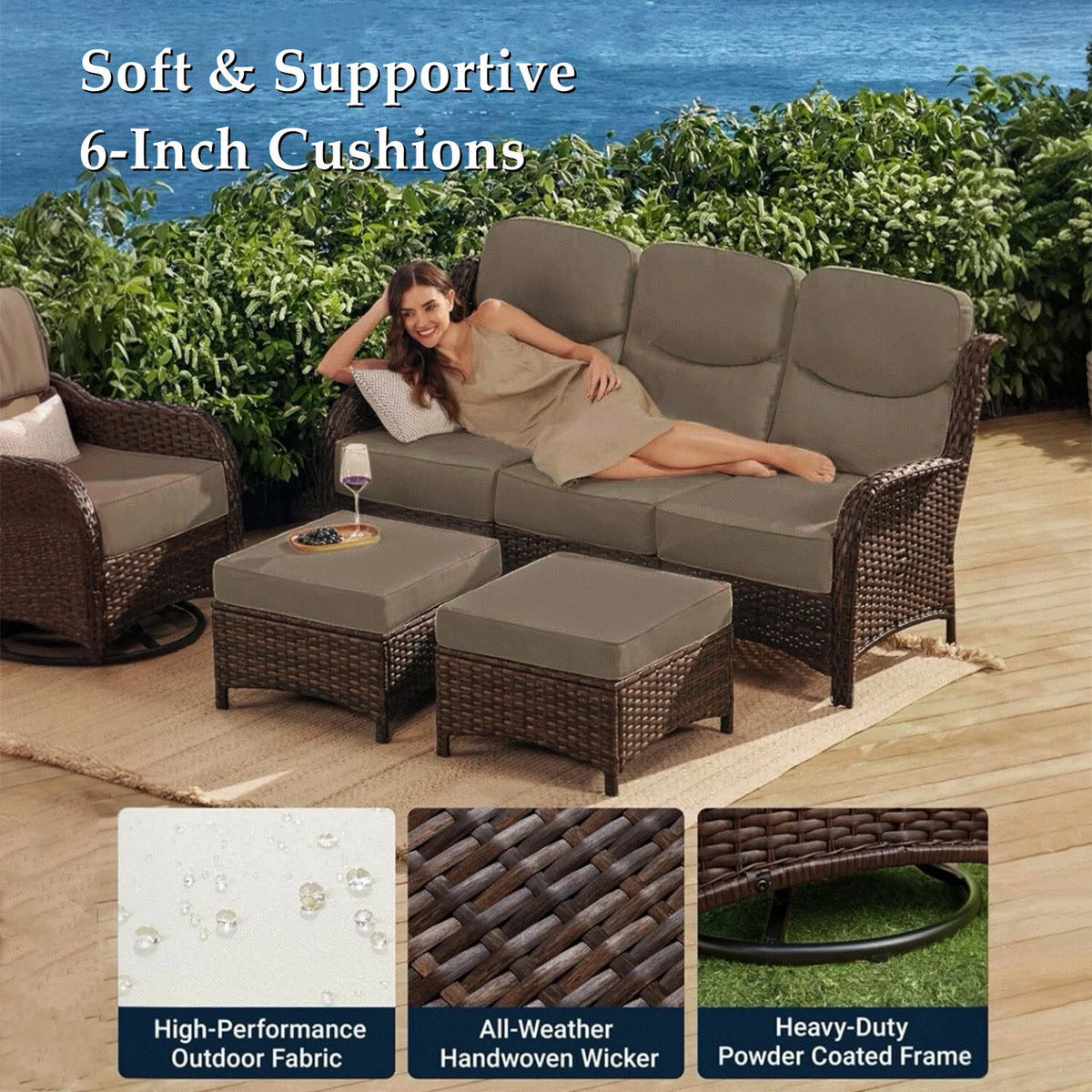 Bellefurn Luxury Outdoor Patio Furniture Set,Swivel Rocker Patio Chairs with 6-inch Thick Cushion,Patio Sofa and Glass Coffee Table,Outdoor Conversation Set for Porch, Deck, Yard