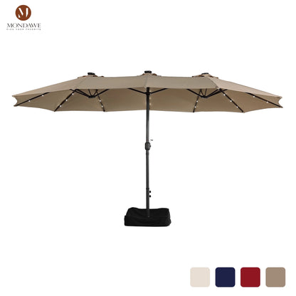 Mondawe 15ft Patio Umbrella Rectangular Outdoor Market Umbrella with Base and LED Lights Beige
