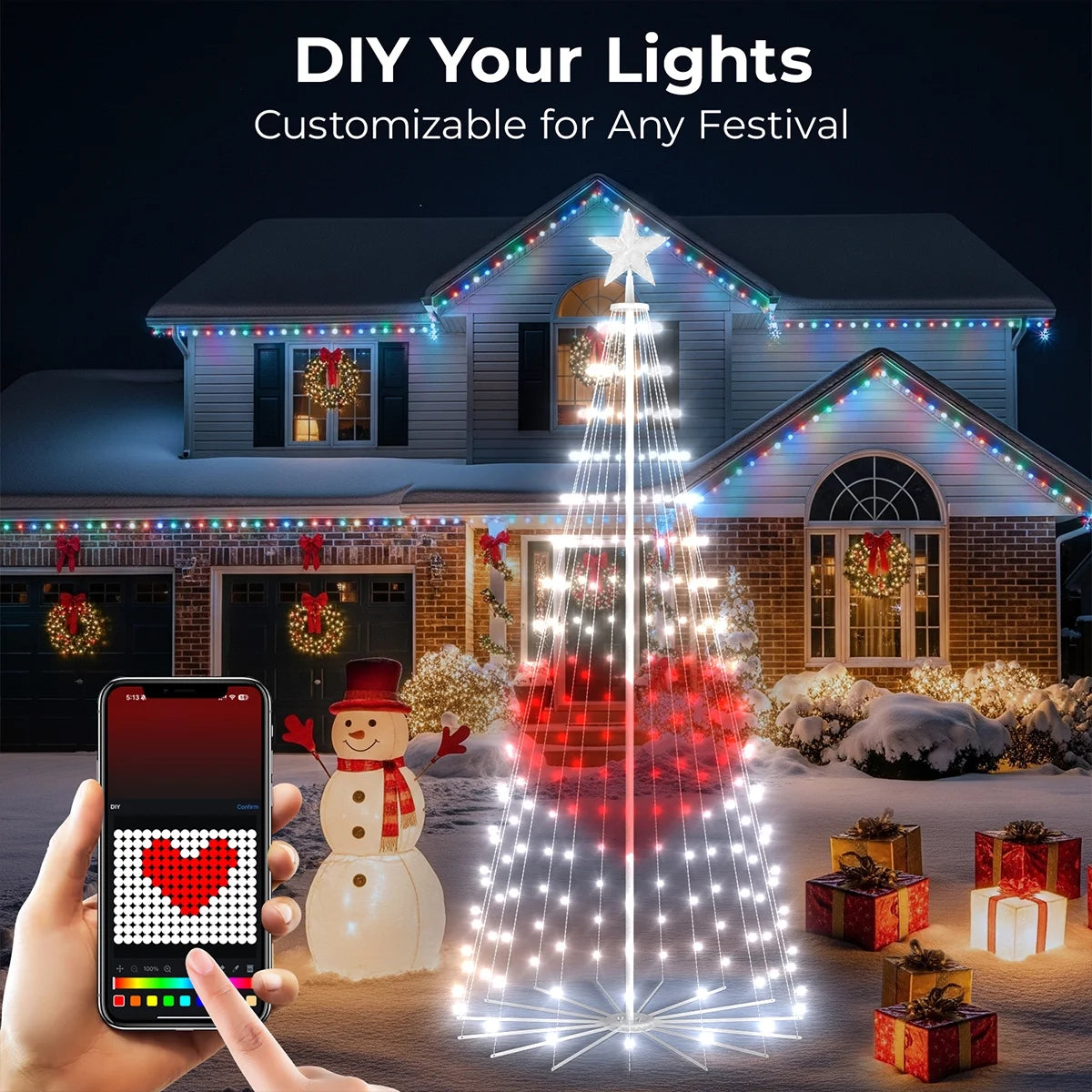8FT 191 LED Christmas Cone Tree Smart Light with 58 Modes DIY Timer Remote Dimmable Artificial Christmas Tree for Porch Yard Patio Indoor Outdoor Xmas Holiday Decor