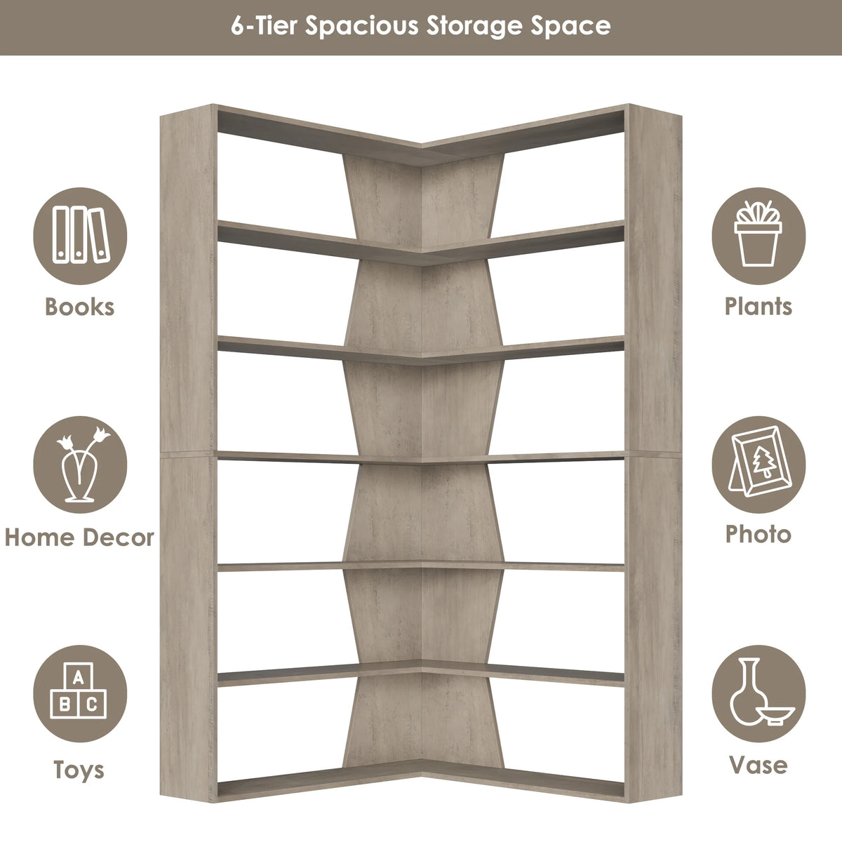 Homfa 6-Tier Corner Bookcase, L-Shaped Bookshelf with Baffle, Storage Display Rack for Office Living Room, Gray