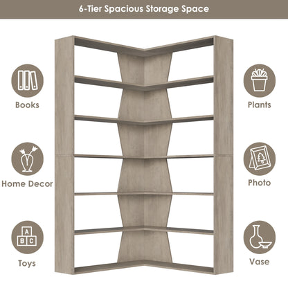 Homfa 6-Tier Corner Bookcase, L-Shaped Bookshelf with Baffle, Storage Display Rack for Office Living Room, Gray