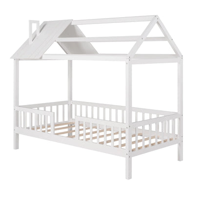 Euroco Twin Size Platform Bed, House Bed with Fence for Kids, Gray