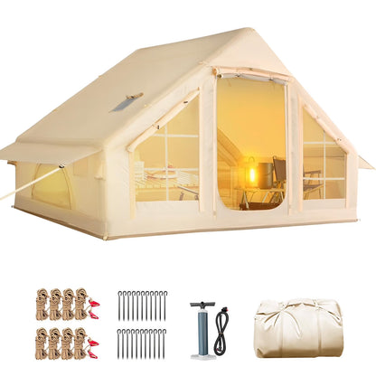 Yoleny 12'x8' Inflatable Tent, 96 SFT Blow Up Tent for Camping, 4 Season Oxford Glamping Tents with Clear Skylight, Pump & Stove Jack