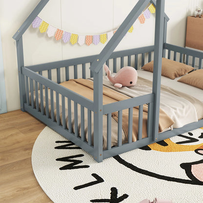 Bellemave Twin Size Floor Bed Frame, Wooden House Bed Twin Size with Fence, Montessori Bed with Guardrails for Bedroom (White)