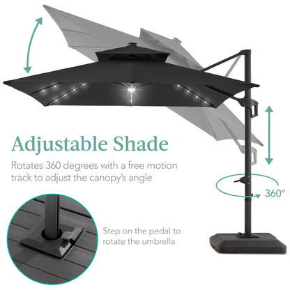 Best Choice Products 10x10ft 2-Tier Square Outdoor Solar LED Cantilever Patio Umbrella w/ Base Included - Tan