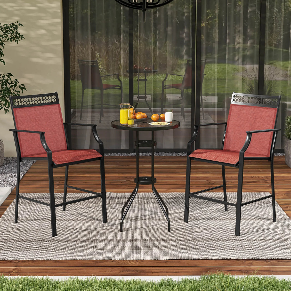 Costway Outdoor Counter Stools Set of 2 with Footrest & Armrests Metal Frame for Backyard Blue