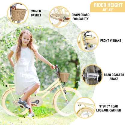 Girls Bike with Basket for Kids 7-10, 20" Kids' Bicycles Leather Saddle & Safety Bell, Pink