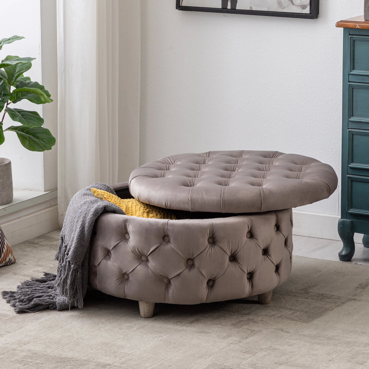 WestinTrends Wordford Round Velvet Tufted Storage Ottoman, Velvet Navy Blue