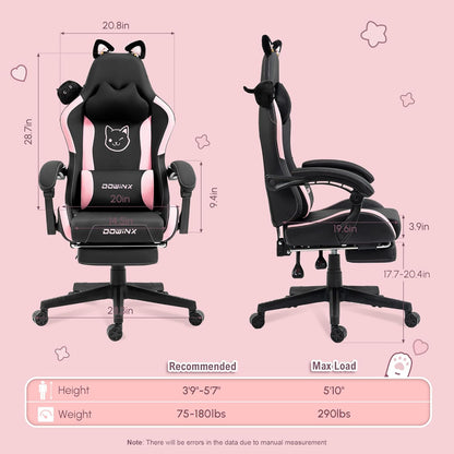 Dowinx Gaming Chair Cute with Cat Ears and Massage Lumbar Support, Ergonomic Computer Chair for Girl with Footrest and Headrest, Comfortable Reclining Game Chair 290lbs for Adult, Teen, Blue Green