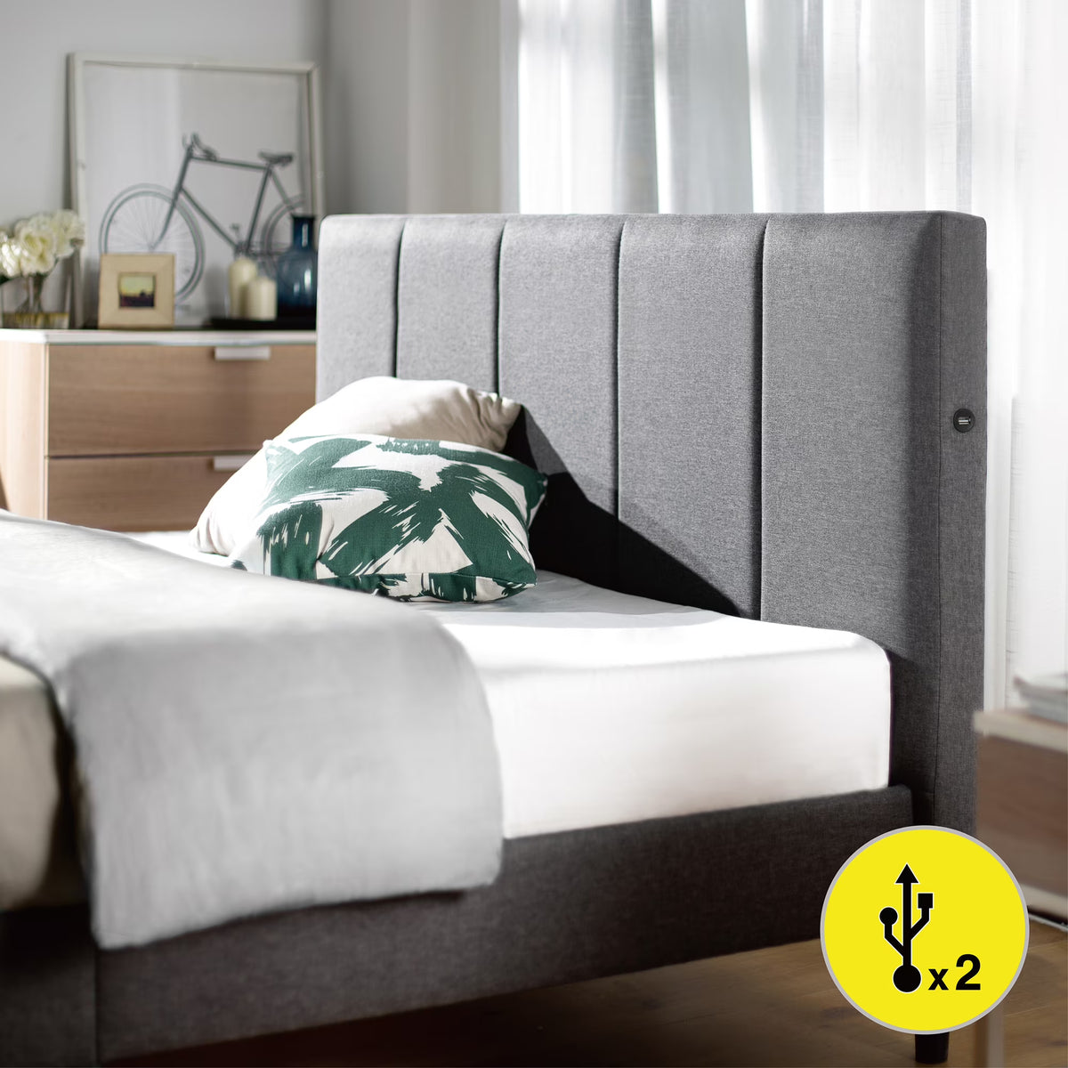 Zinus Maddon 35" Upholstered Platform Bed Frame, Beige, Adult, Queen