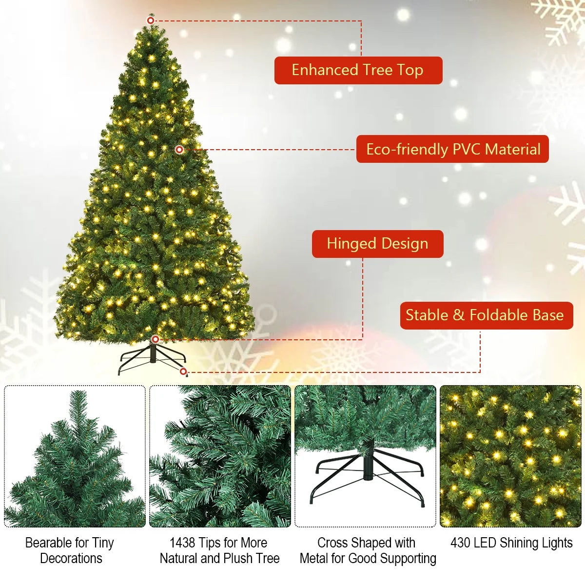 Costway 7Ft Pre-Lit PVC Hinged Christmas Tree 300 LED Lights Green