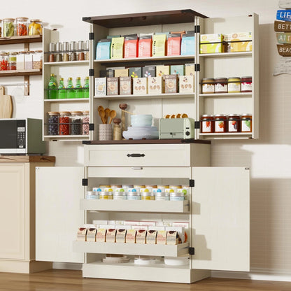 71" Tall Farmhouse Kitchen Pantry with 12 Side Shelves & Adjustable Shelves, 5 Layers Pantry Storage Cabinet w/Load-Bearing Steel Pipe & 4 Barn Doors for Kitchen, Dining Room, Living Room, Brown