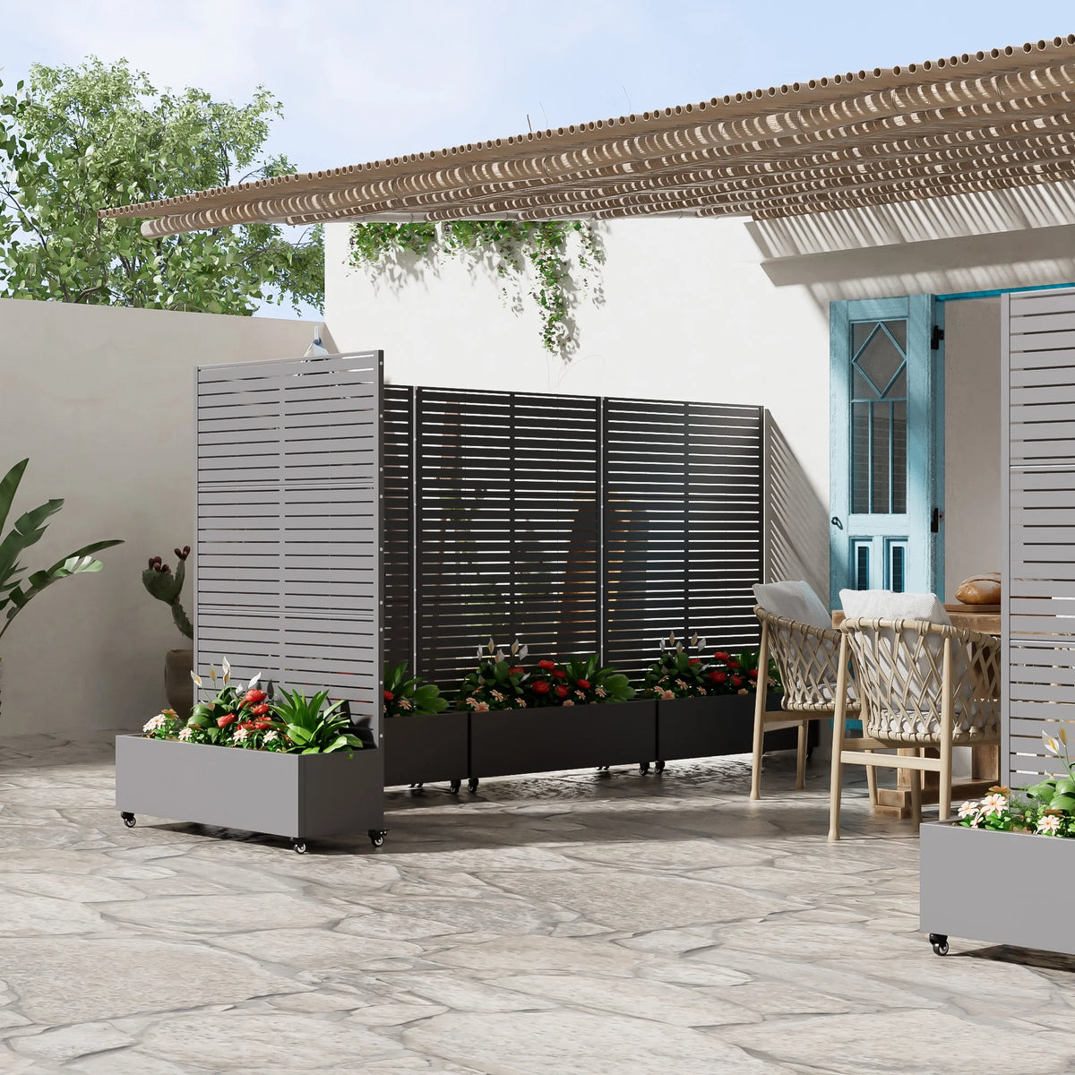 MAYEERTY 47*16*47"Outdoor White Metal Planter with Rect Louvered Climbing Trellis, Drainage hole & Wheels