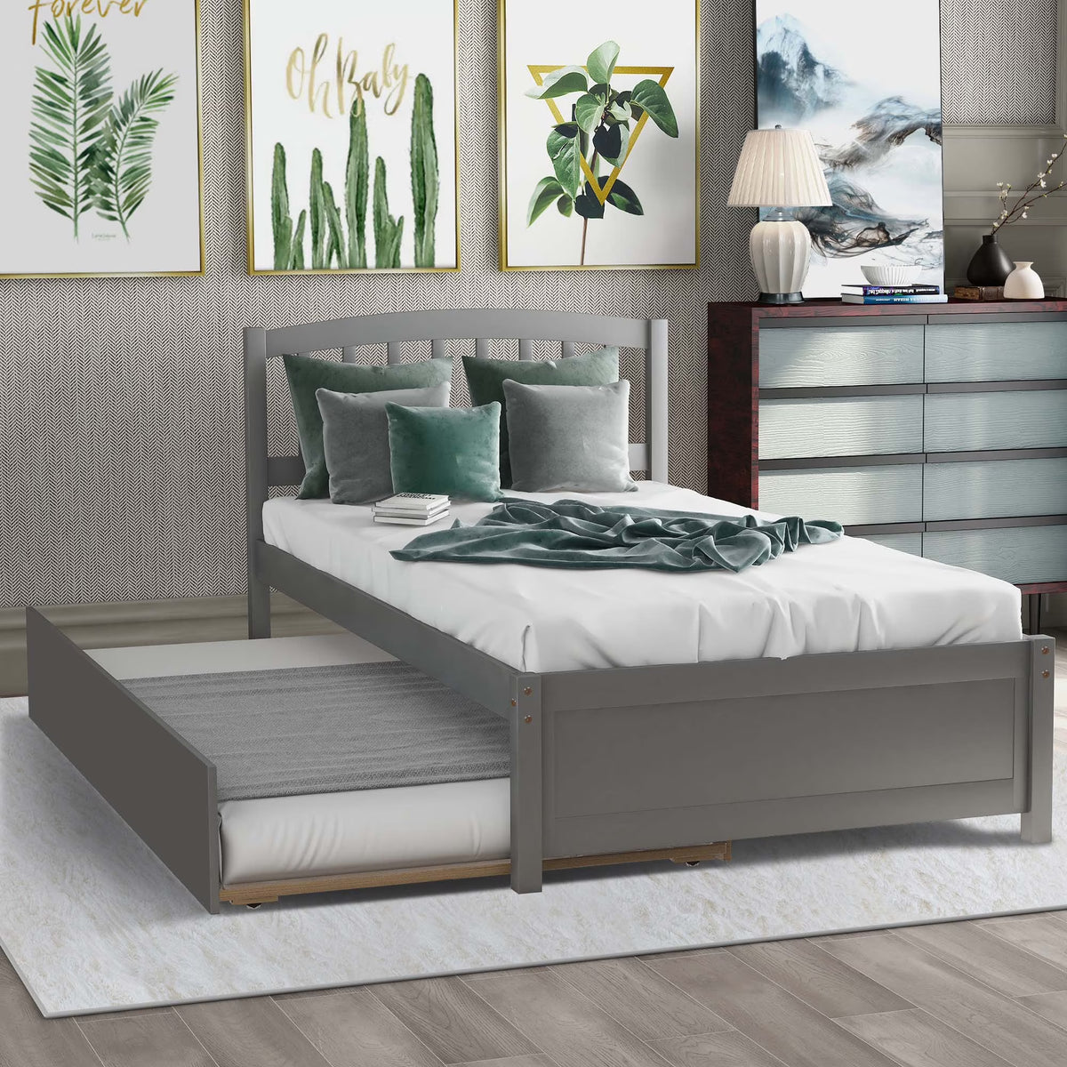 Aukfa Twin Platform Bed with Trundle - Trundle Bed with Headboard for Kids Teens - White