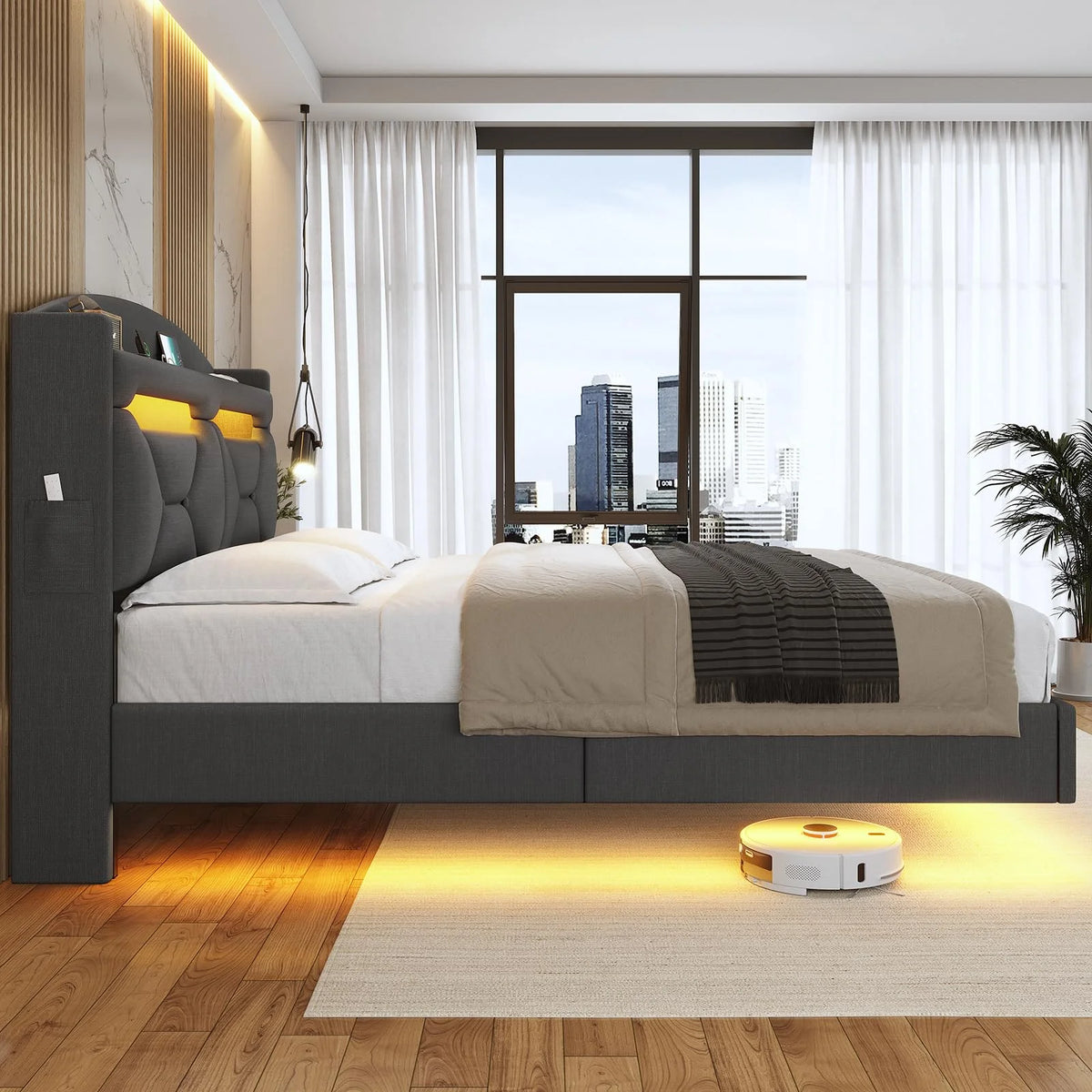 King Size Bed Frame with Storage Headboard and LED Lights,Upholstered Platform Bed with USB Port Charging,Headboard with Shelves Hidden Storage,Noise-Free,Dark Grey