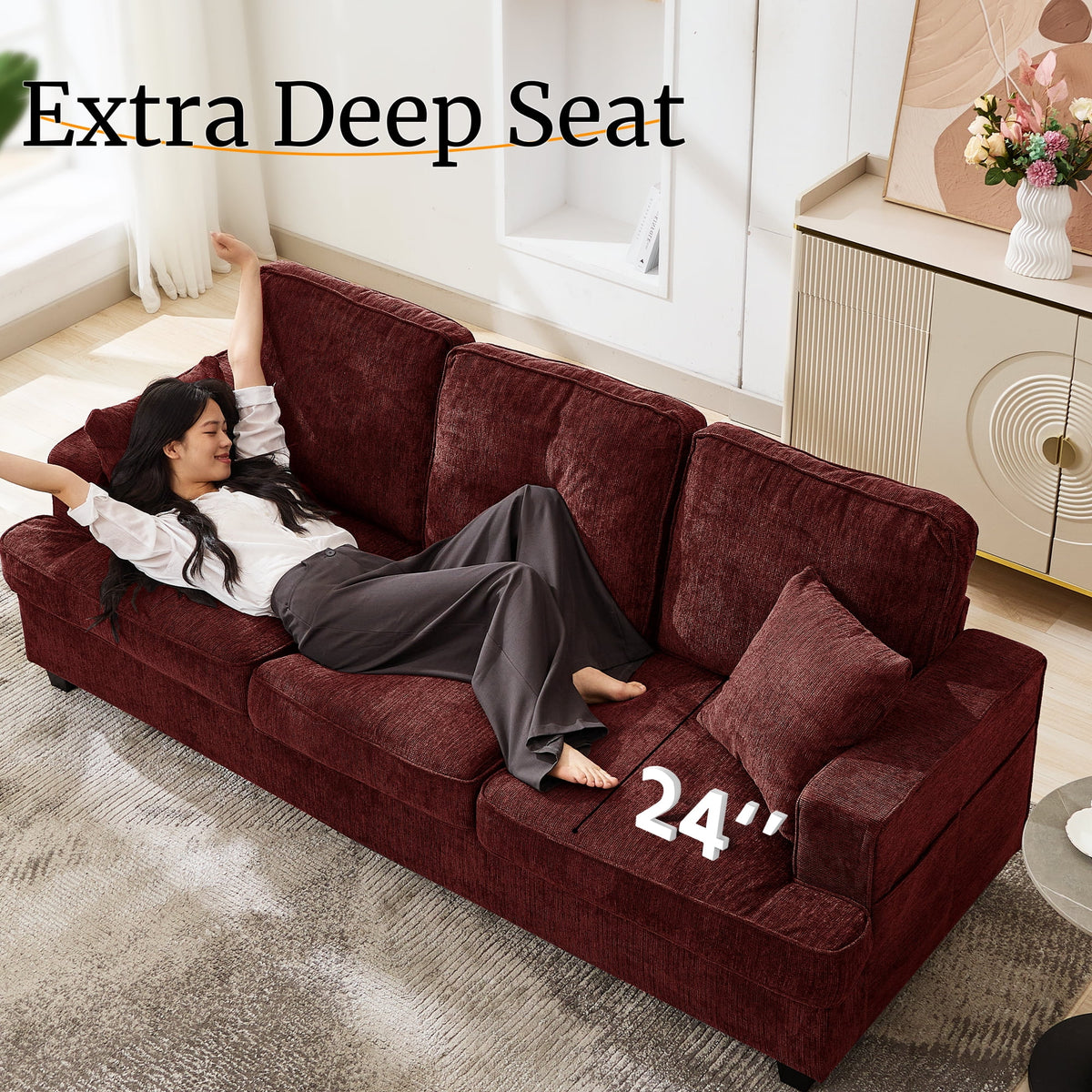 Korser 89" Chenille Sofa 3 Seater Couch with Extra Upholstered Deep Seats for Living Room,Removable Cover,Beige