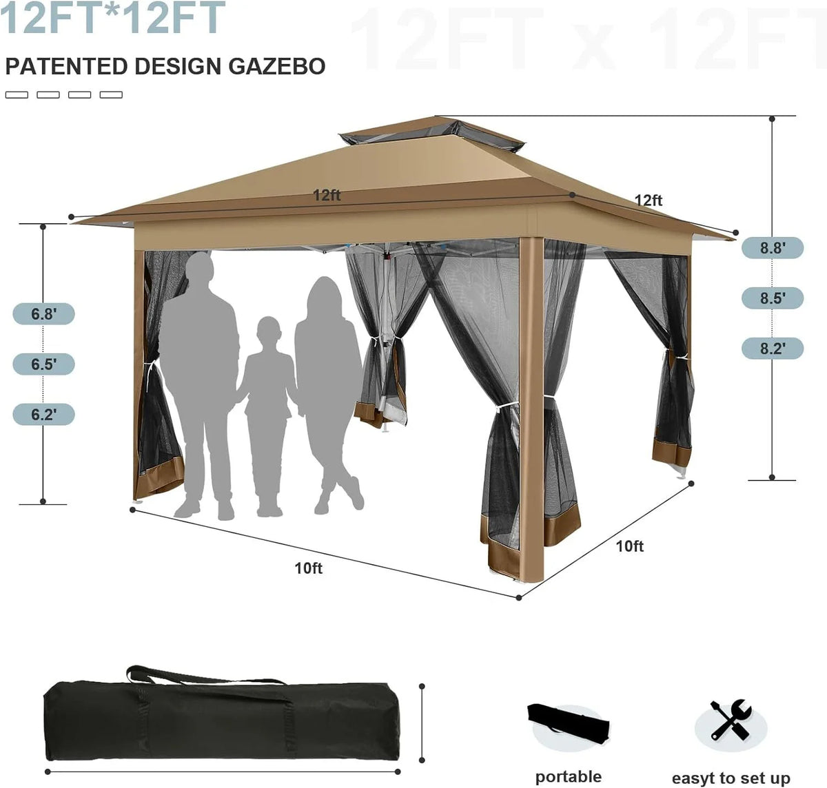 COBIZI 12x12 Outdoor Gazebo Pop Up Gazebo Canopy with Mosquito Netting Patio Tent Backyard Canopy with 2-Tiered Vented Top 3 Adjustable Height, Beige