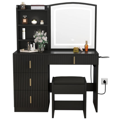 Dextrus Vanity Table Set with LED Lighted Mirror & Stool, Dressing Table with Sliding Mirror & Charging Station , Makeup Table with Storage Shelves & Drawers, White Vanity Desk for Bedroom, White