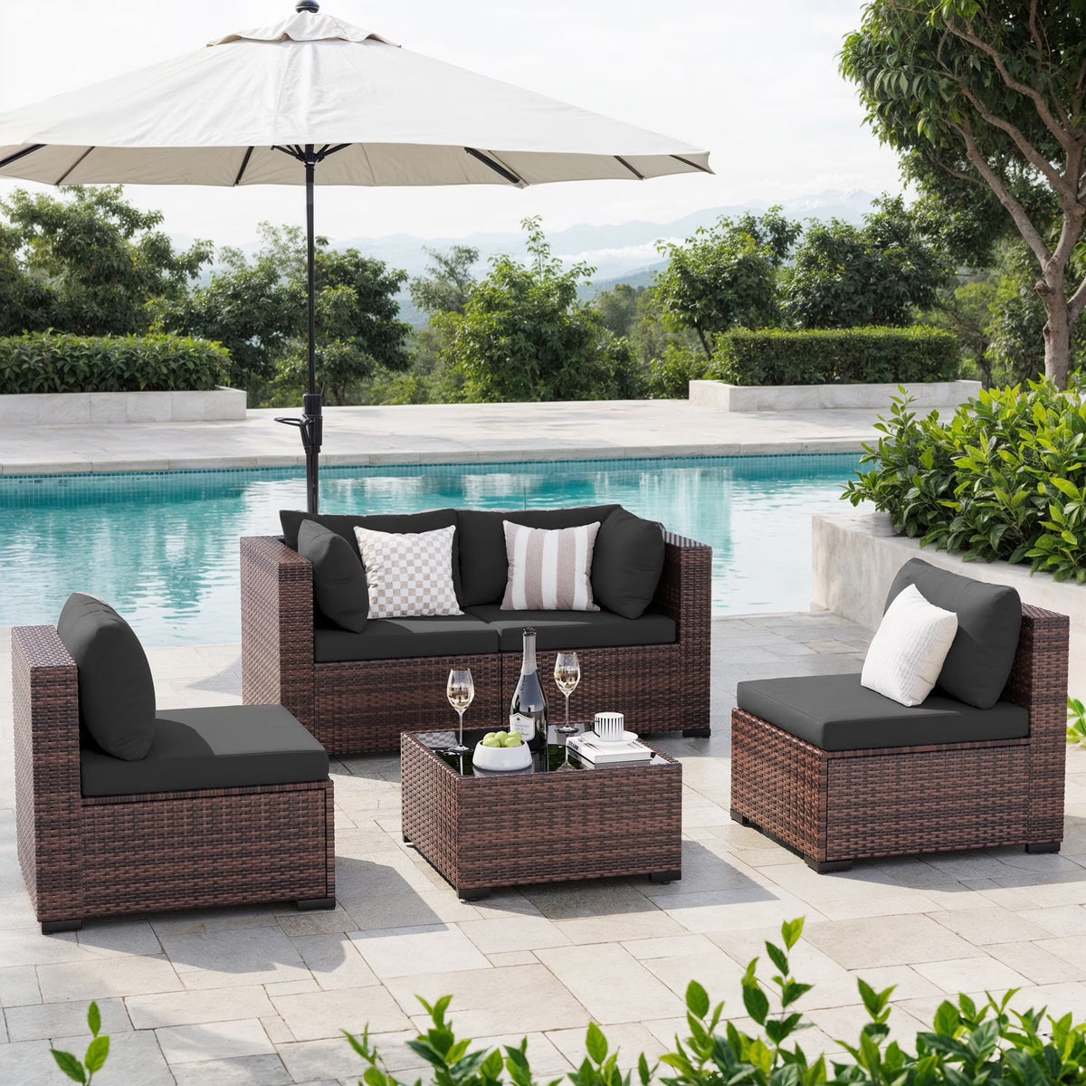 7 Pieces Patio Conversation Set, Outdoor Sectional PE Rattan Wicker Furniture Seat,Dark Gray